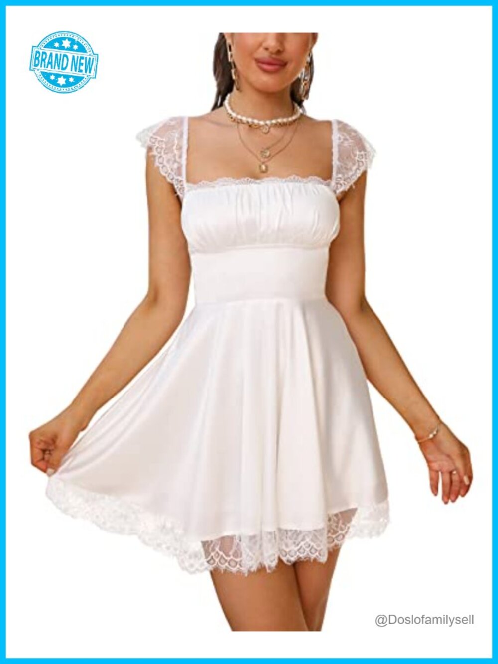 Satin Mini Dress Lace Strap Square Neck Backless A-Line Party